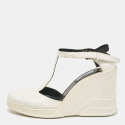 Prada White Leather T-Strap Wedge Sandals Size 40
