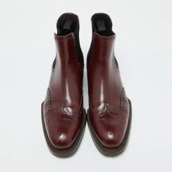 Pre Owned Prada Burgundy Leather Brogue Ankle Length Chelsea Boots Size 38.5