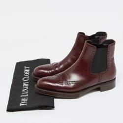 Pre Owned Prada Burgundy Leather Brogue Ankle Length Chelsea Boots Size 38.5