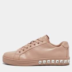 Prada Pink Leather Crystal Embellished Low Top Sneakers Size 37