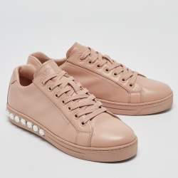 Prada Pink Leather Crystal Embellished Low Top Sneakers Size 37