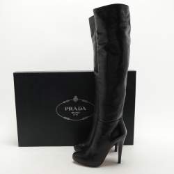 Prada Black Leather Knee Length Boots Size 37