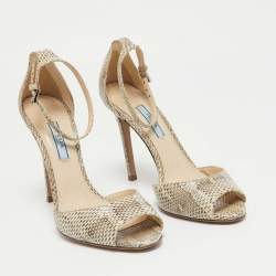 Pre Owned Prada Beige/Brown Karung Leather Ankle Strap Sandals Size 36.5