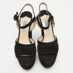 Prada Black Suede Ankle Strap Platform Block Heel Sandals Size 36