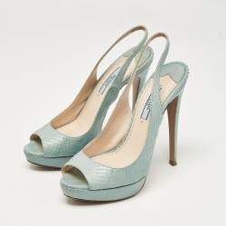 Prada Light Blue Embossed Python Platform Slingback Sandals Size 37