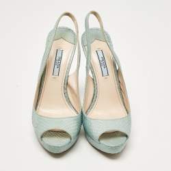 Prada Light Blue Embossed Python Platform Slingback Sandals Size 37