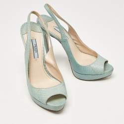 Prada Light Blue Embossed Python Platform Slingback Sandals Size 37