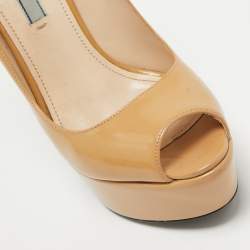 Prada Beige Patent Leather Peep Toe Platform Pumps Size 39