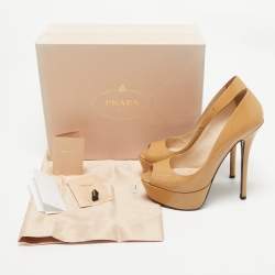 Prada Beige Patent Leather Peep Toe Platform Pumps Size 39