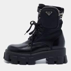 Prada Black Leather and Nylon Monolith Combat Boots Size 36.5