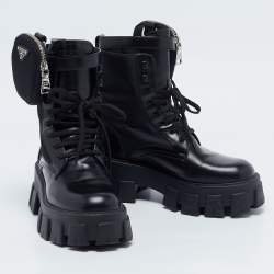 Prada Black Leather and Nylon Monolith Combat Boots Size 36.5