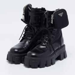 Prada Black Leather and Nylon Monolith Combat Boots Size 36.5