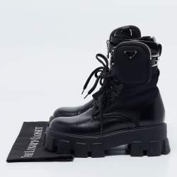 Prada Black Leather and Nylon Monolith Combat Boots Size 36.5