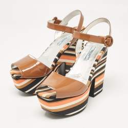 Prada Multicolor Fabric and Patent Leather Platform Sandals Size 40