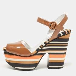 Prada Multicolor Fabric and Patent Leather Platform Sandals Size 40