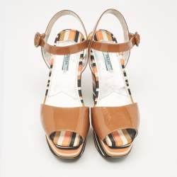 Prada Multicolor Fabric and Patent Leather Platform Sandals Size 40