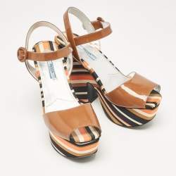 Prada Multicolor Fabric and Patent Leather Platform Sandals Size 40