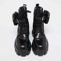 Prada Black Leather and Nylon Monolith Ankle Boots Size 38.5