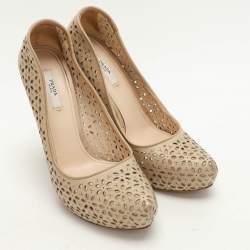 Prada Beige Lasercut Leather Platform Pumps Size 37.5