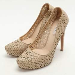 Prada Beige Lasercut Leather Platform Pumps Size 37.5