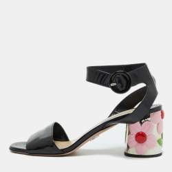 Prada Black Patent Leather Ankle Strap Floral Block Heel Sandals Size 39