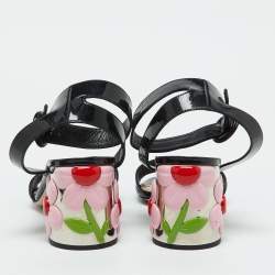 Prada Black Patent Leather Ankle Strap Floral Block Heel Sandals Size 39