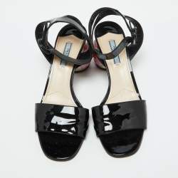 Prada Black Patent Leather Ankle Strap Floral Block Heel Sandals Size 39