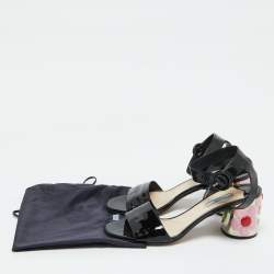 Prada Black Patent Leather Ankle Strap Floral Block Heel Sandals Size 39