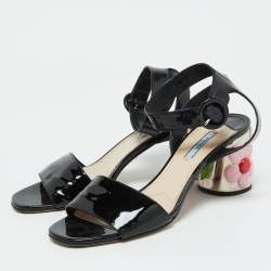 Prada Black Patent Leather Ankle Strap Floral Block Heel Sandals Size 39