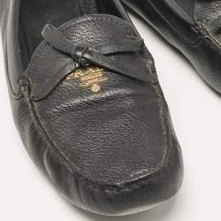 Prada Black Leather Bow Logo Embellished Slip On Loafers Size 39