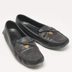 Prada Black Leather Bow Logo Embellished Slip On Loafers Size 39