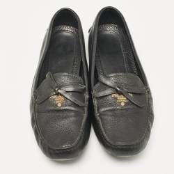 Prada Black Leather Bow Logo Embellished Slip On Loafers Size 39