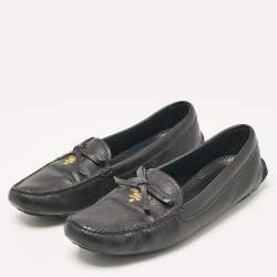 Prada Black Leather Bow Logo Embellished Slip On Loafers Size 39