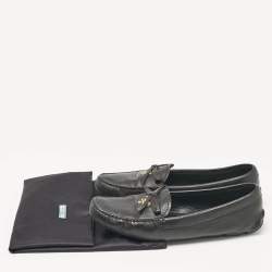 Prada Black Leather Bow Logo Embellished Slip On Loafers Size 39