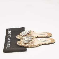 Prada Beige/Brown Python Leather Crystal Embellished Flat Sandals Size 39