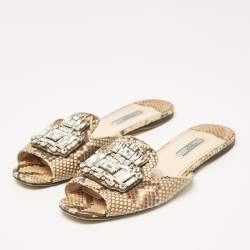 Prada Beige/Brown Python Leather Crystal Embellished Flat Sandals Size 39