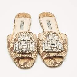 Prada Beige/Brown Python Leather Crystal Embellished Flat Sandals Size 39