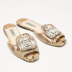 Prada Beige/Brown Python Leather Crystal Embellished Flat Sandals Size 39