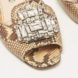 Prada Beige/Brown Python Leather Crystal Embellished Flat Sandals Size 39