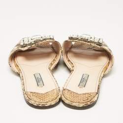 Prada Beige/Brown Python Leather Crystal Embellished Flat Sandals Size 39