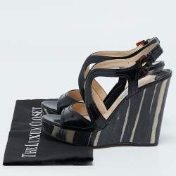 Prada Black Patent Leather Wooden Wedge Ankle Strap Sandals Size 37