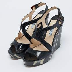 Prada Black Patent Leather Wooden Wedge Ankle Strap Sandals Size 37
