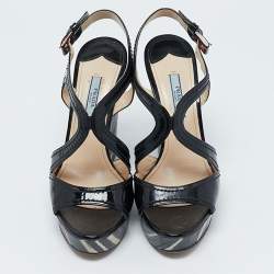 Prada Black Patent Leather Wooden Wedge Ankle Strap Sandals Size 37