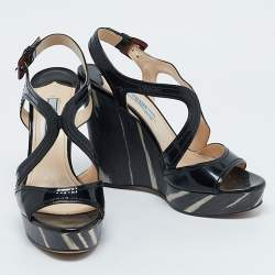 Prada Black Patent Leather Wooden Wedge Ankle Strap Sandals Size 37