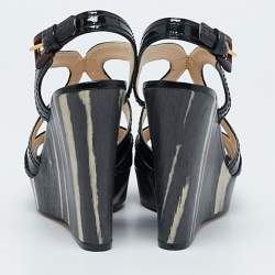 Prada Black Patent Leather Wooden Wedge Ankle Strap Sandals Size 37