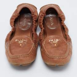 Prada Brown Leather Scrunch Slip On Loafers Size 37