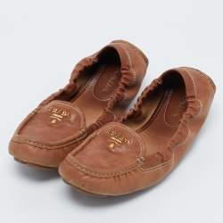 Prada Brown Leather Scrunch Slip On Loafers Size 37
