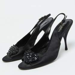 Pre Owned Prada Black Satin Beaded Accents Slingback Pumps Size 39.5