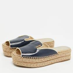 Prada Navy Blue Saffiano Leather Espadrille Platform Slides Size 38.5