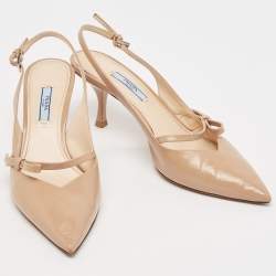 Pre Owned Prada Beige Patent Leather Bow Slingback Pumps Size 40
